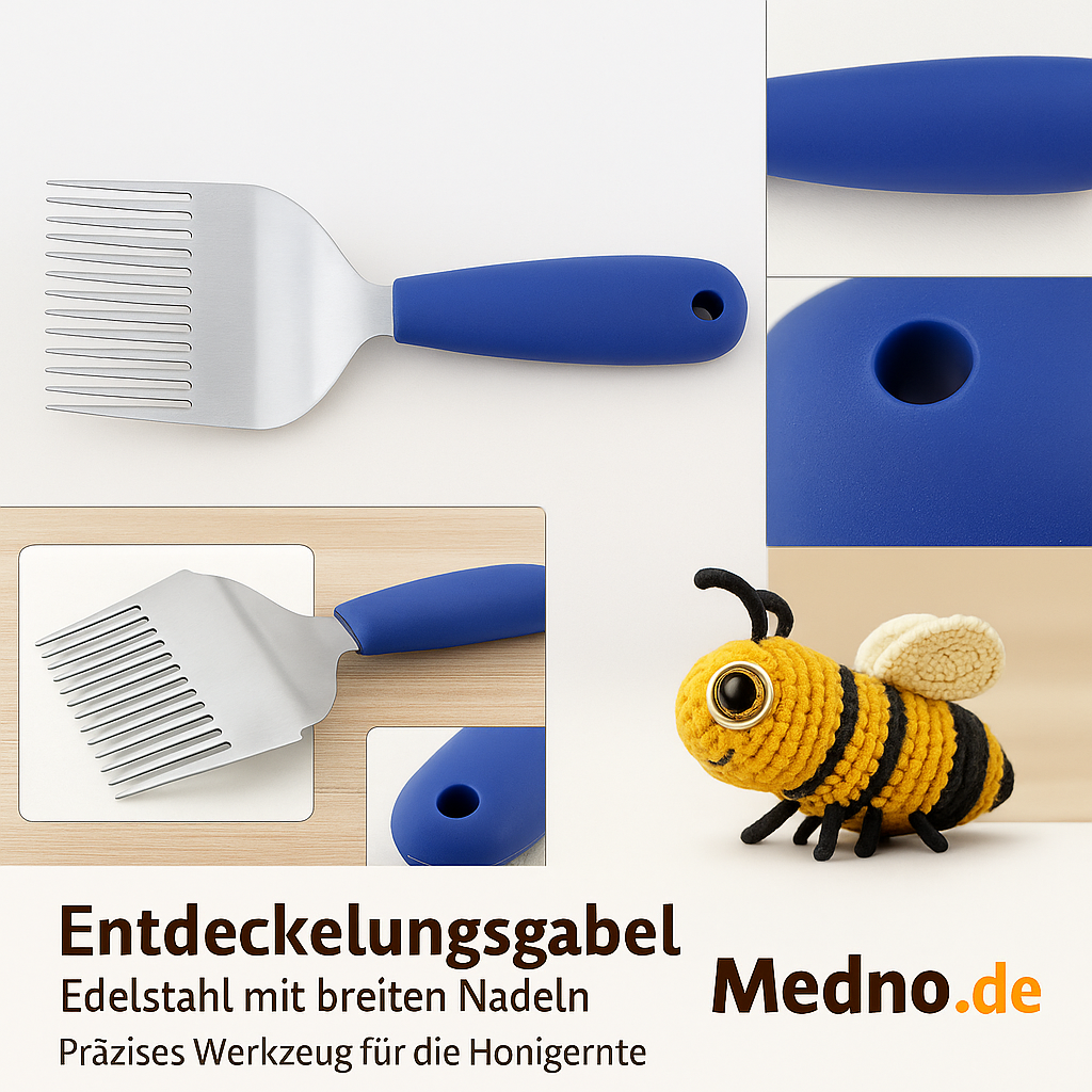 Entdeckelungsgabel aus Edelstahl mit breiten Nadeln und Gummigriff – Werkzeug für die Honigernte